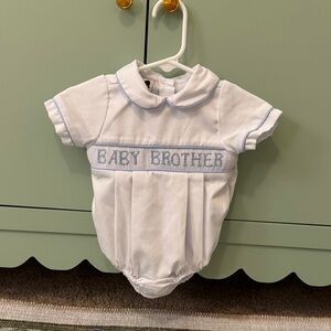 Baby Brother White and Blue Embroidered Romper
